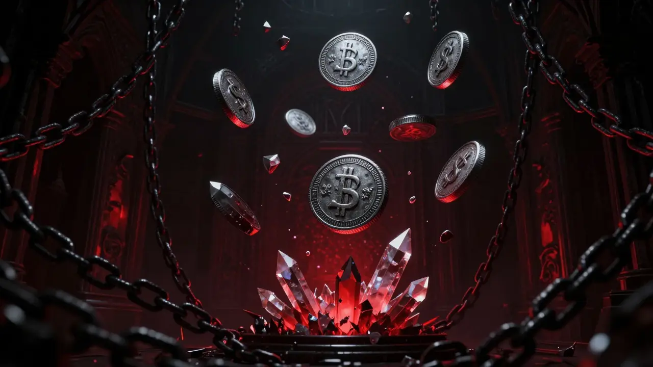 Jetons cryptographiques flottants se transformant en cristaux sombres.