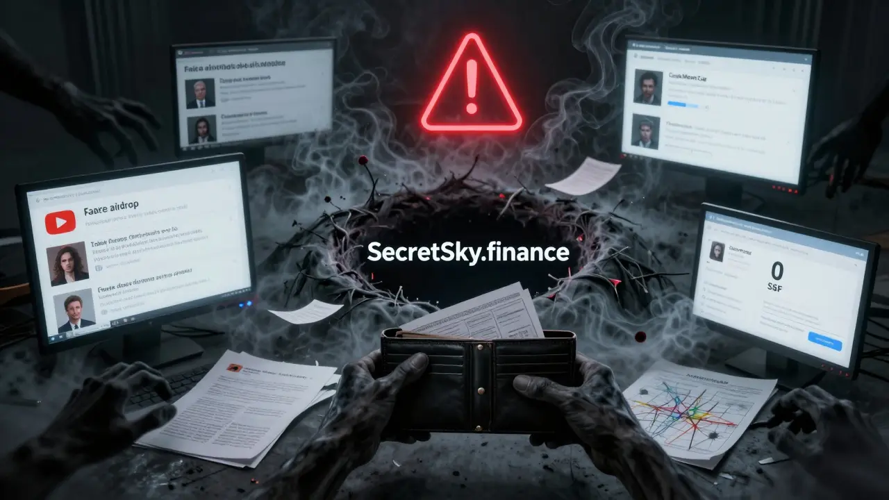 Main sombre détruisant un portefeuille crypto sous des fausses promesses d'airdrop et un affichage à zéro SSF.