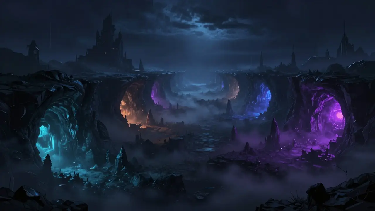 Paysage numérique sombre avec des entrées de grottes dans le brouillard.