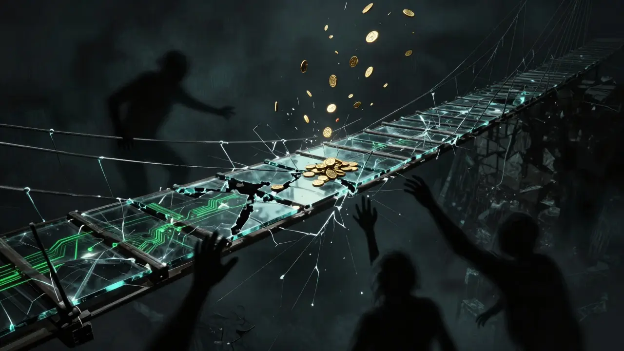 Pont de verre brisé au-dessus d'un abîme avec des ombres volant des pièces