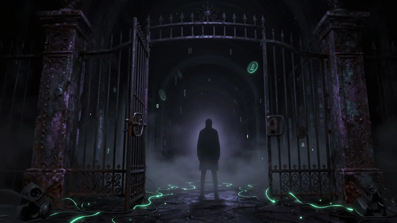 Portail verrouillé d'une campagne crypto terminée avec particules lumineuses.