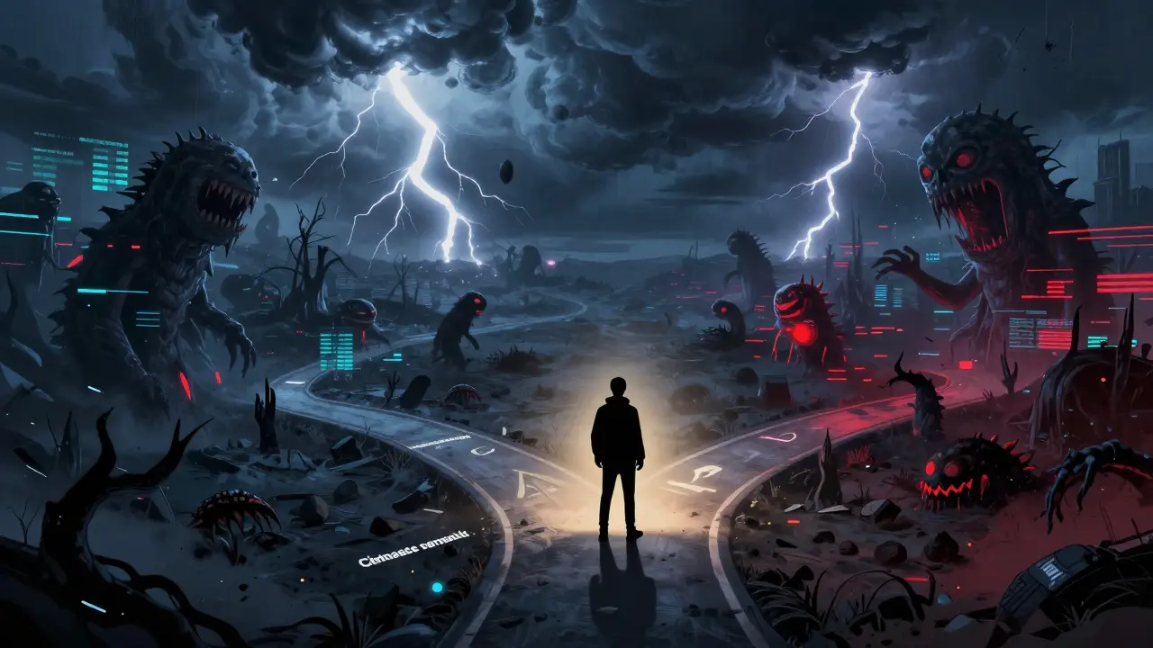 Silhouette face à un choix entre sécurité éclairée et précipice numérique sombre.