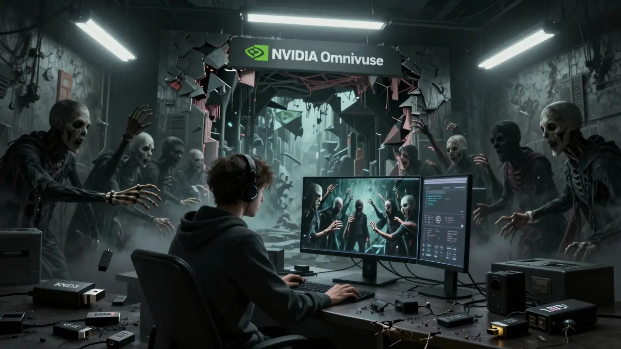 Un artiste devant un écran où son reflet montre des avatars aux mains squelettiques, une porte corrompue derrière lui émet des textures hurlantes.