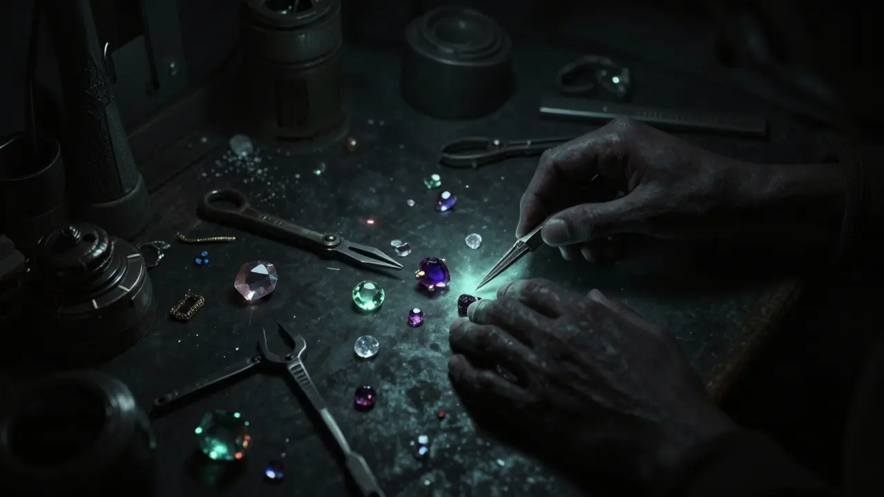 Un atelier sombre où des bijoux numériques NFT sont forgés.