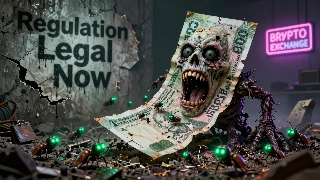 Un billet de roupie décomposé avec des yeux et une bouche hurlante, envahi par des portefeuilles crypto comme des insectes.