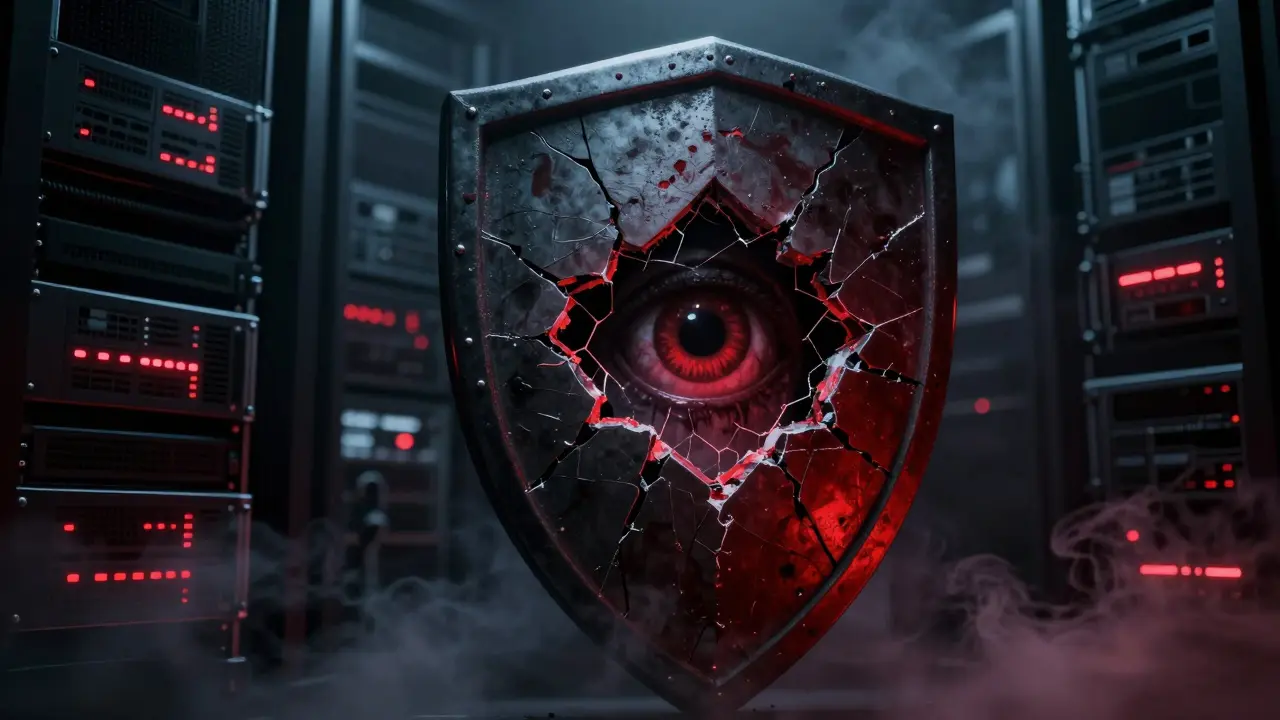 Un bouclier numérique fissuré laisse apercevoir une entité menaçante derrière.