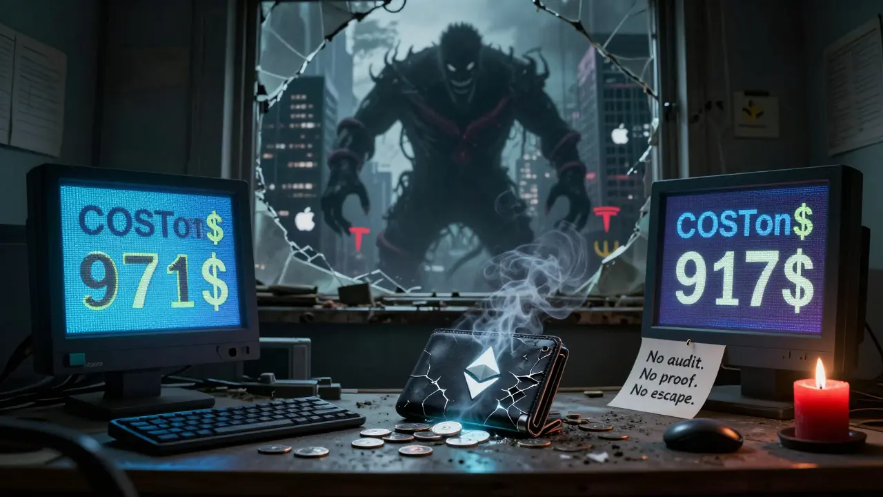 Un bureau abandonné avec des écrans affichant des prix contradictoires pour COSTon, une bourse brisée et une ombre monstrueuse de Ondo.