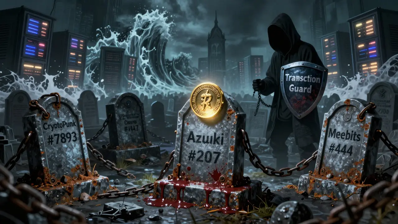 Un cimetière de NFT volés avec des pierres tombales, une plaque de mots de récupération et une ombre bloquant une vague de transactions malveillantes.