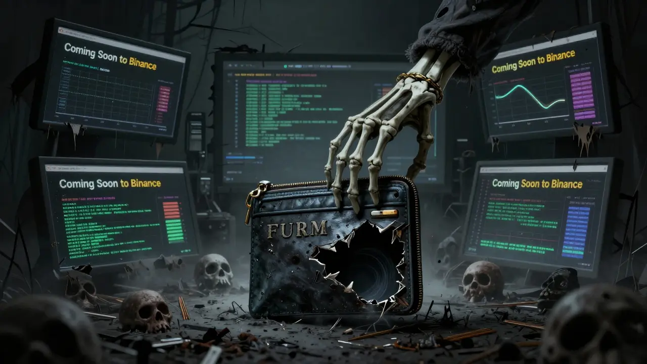 Un cimetière numérique de sites crypto morts, avec une main squelettique tenant un portefeuille vide.