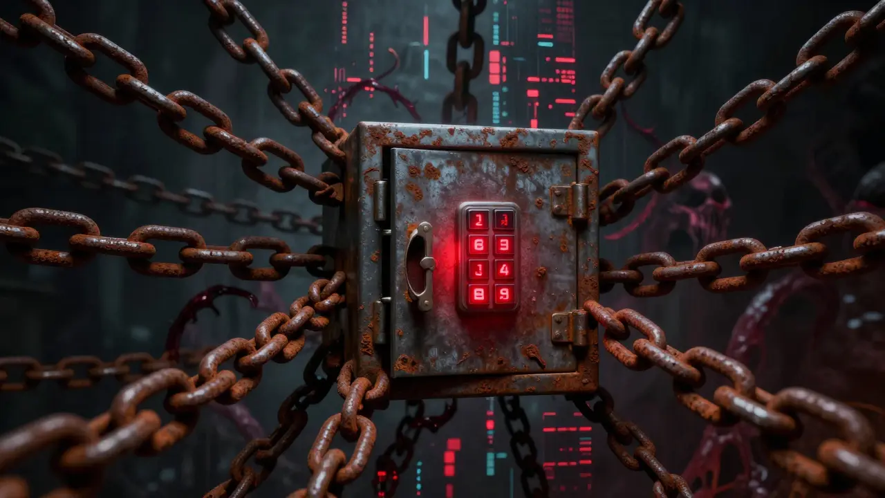 Un coffre-fort numérique verrouillé entouré de chaînes rouillées dans un vide sombre.