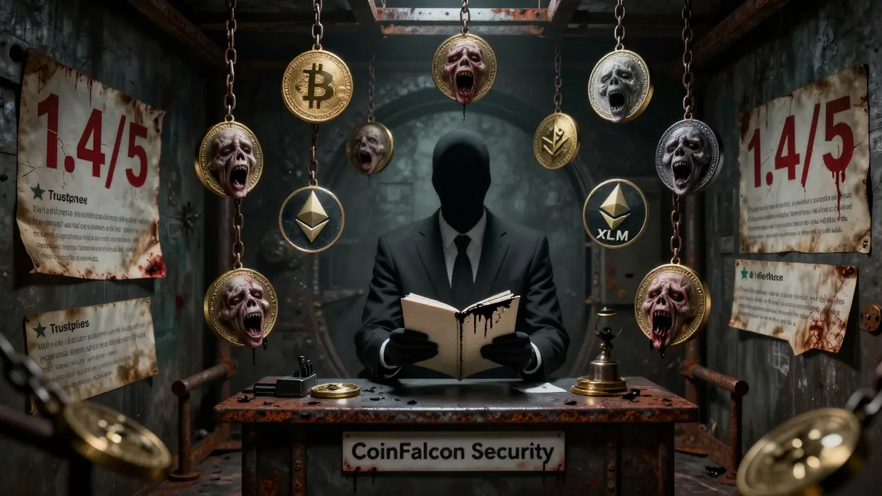 Un coffre sombre rempli de cryptomonnaies hurlantes, enfermées par des chaînes, avec une silhouette sans visage tenant un livre de comptes ensanglanté.