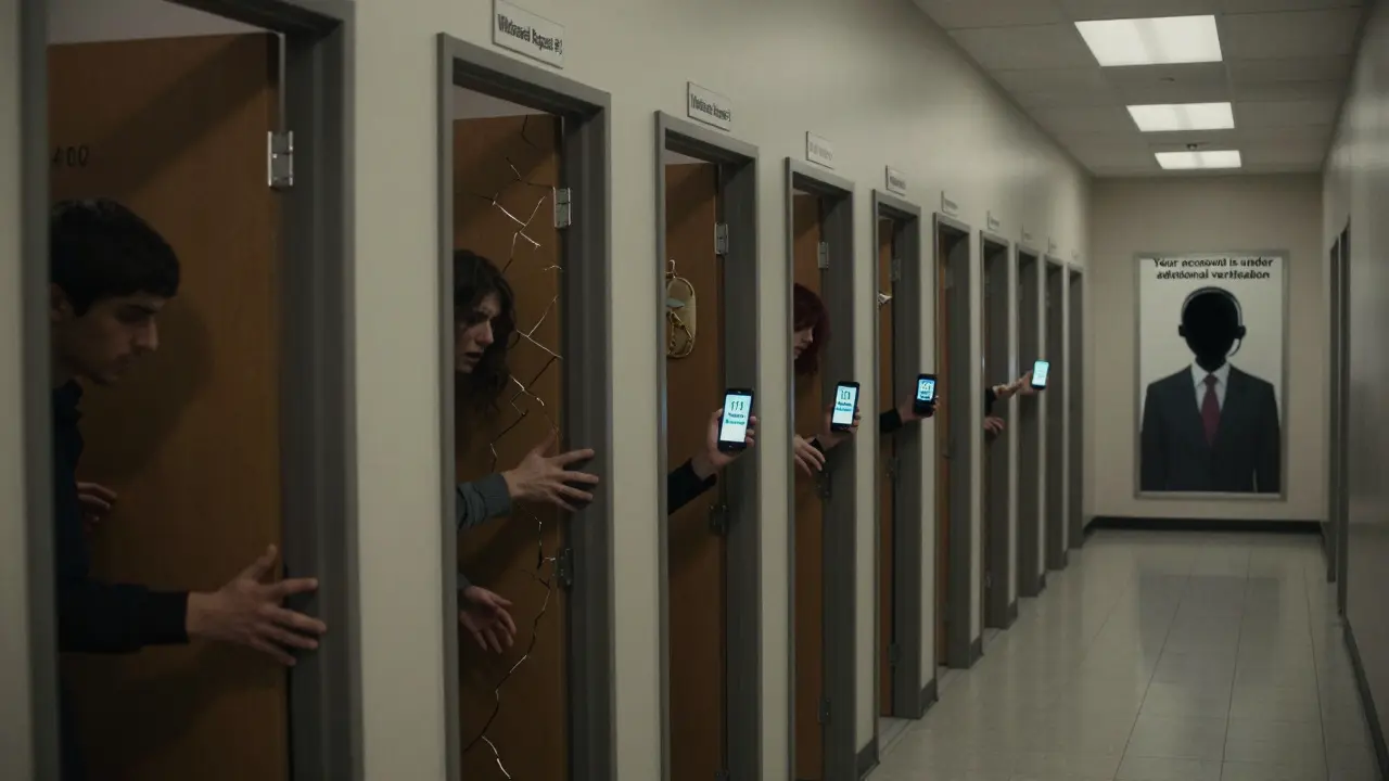 Un couloir infini avec des portes marquées 'Demande de retrait', chaque porte révélant un visage prisonnier, un téléphone affiche '11 jours en attente'.