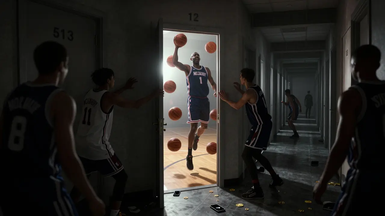 Un couloir infini de portes numérotées, dont une révèle McGrady figé en plein vol, entouré de ballons hurlants.