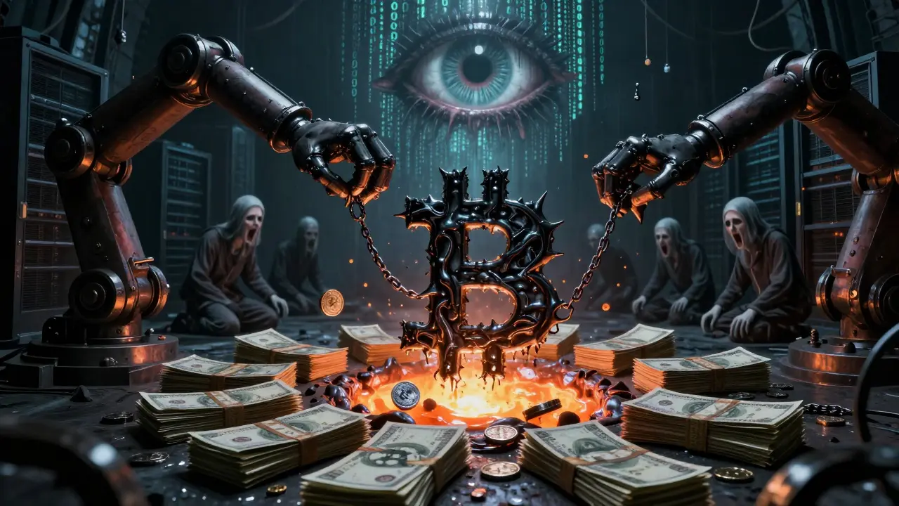 Un donjon souterrain où des monnaies numériques sont forgées à partir de billets détruits, entouré de mineurs prisonniers de leurs machines.