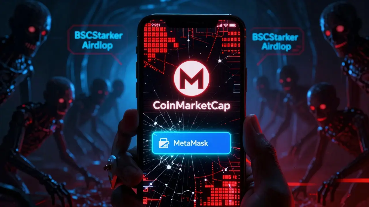 Un écran de téléphone affiche un airdrop menaçant, avec des entités numériques sombres rampant à travers des tunnels de données et des alertes rouges.