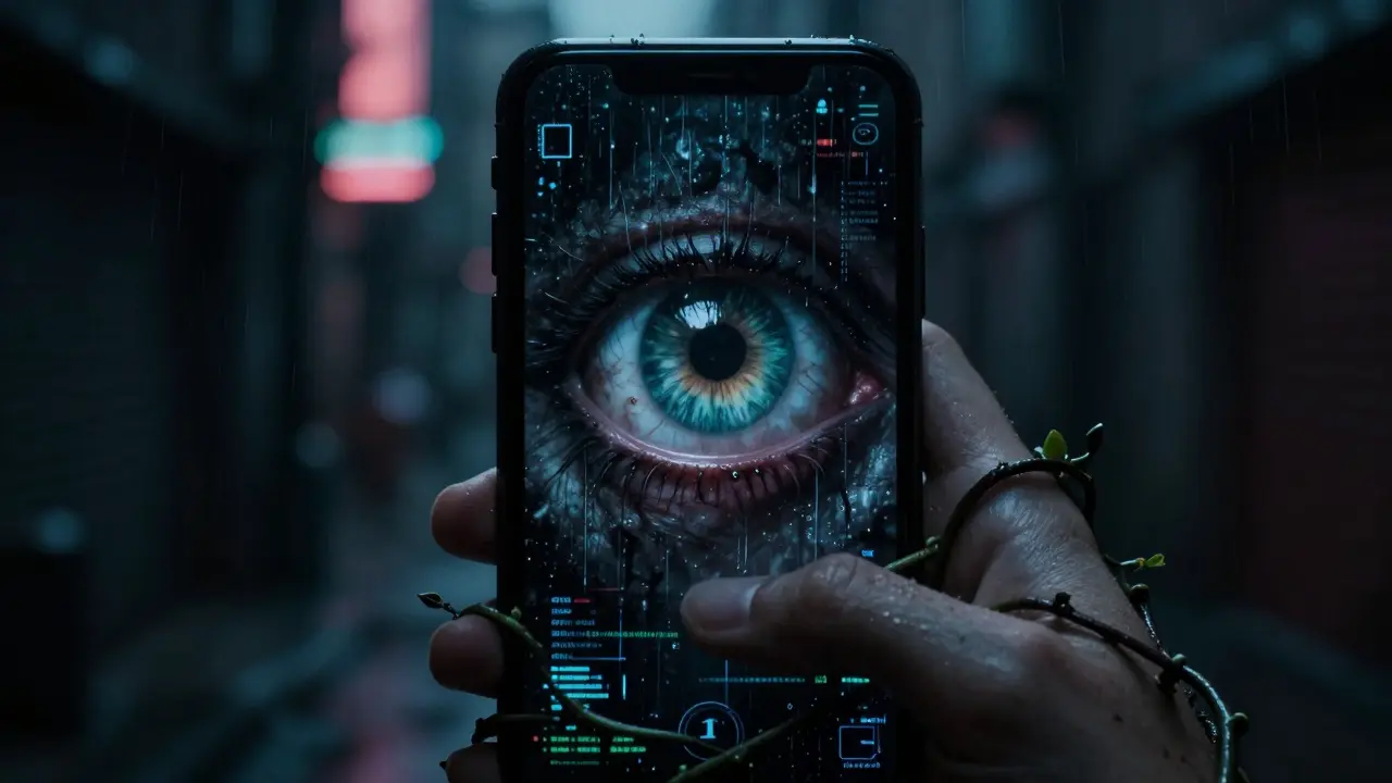 Un ecran de telephone reflete un grand oeil malveillant dans une rue humide et sombre.