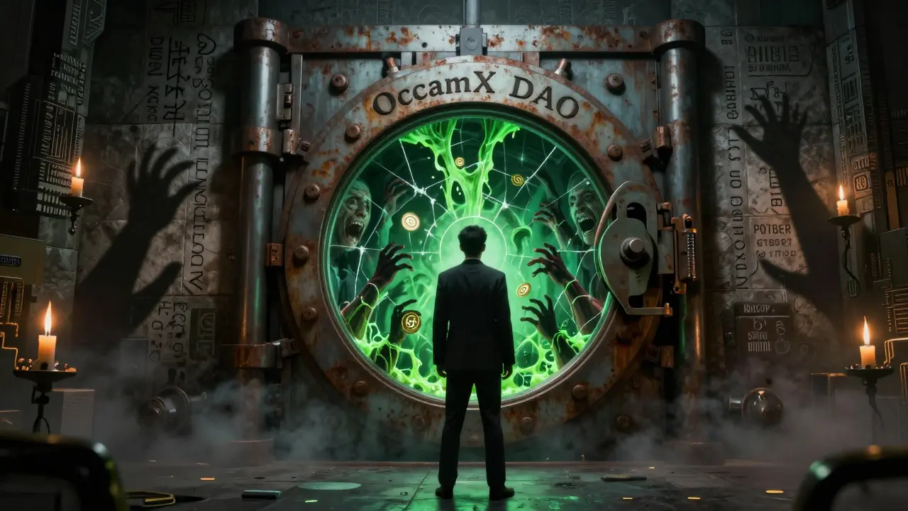 Un investisseur face à une porte de coffre gravée d'un scan d'iris, d'où émergent des mains de tokens OCX suintants comme de la pus.