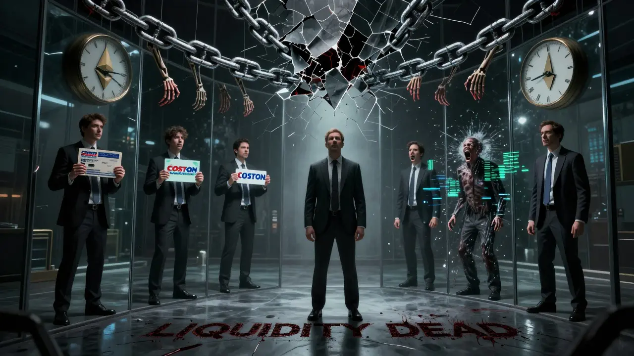 Un investisseur regardant ses reflets dans un miroir, certains transformés en jetons, d'autres en fragments de données, sous une chaîne blockchain qui étouffe.