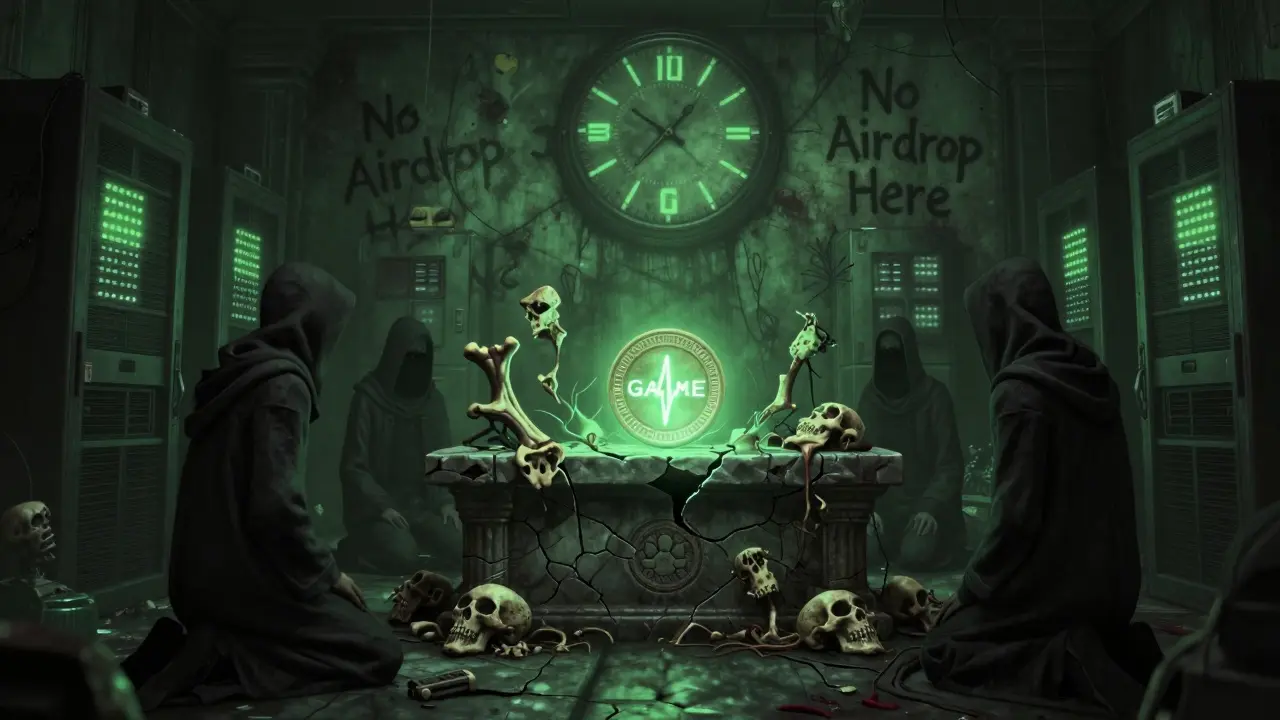 Un jeton $GAME pulsant sur un autel ancien, entouré de NFTs déformés, sous une horloge numérique qui compte à rebours.