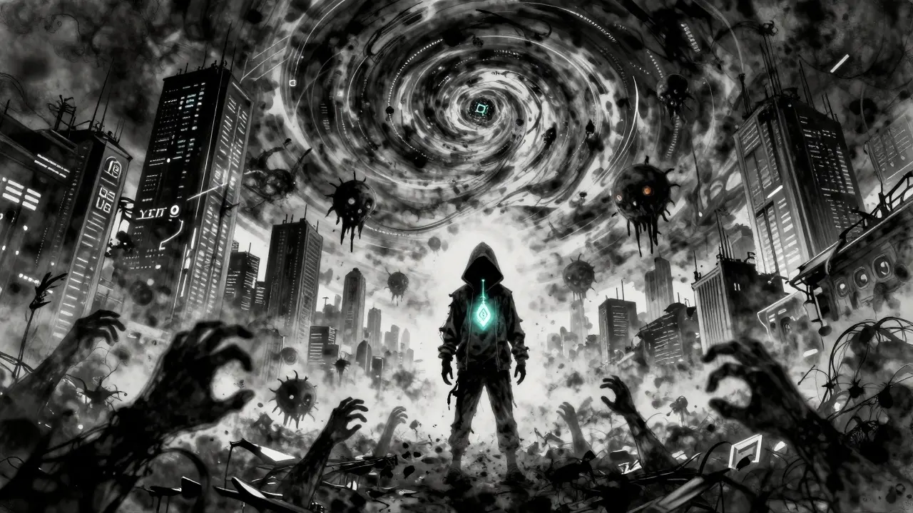 Un joueur seul dans un monde virtuel dévasté tient un jeton ELIXIR qui pulse, entouré de mains fantomatiques qui réclament de l'empathie.