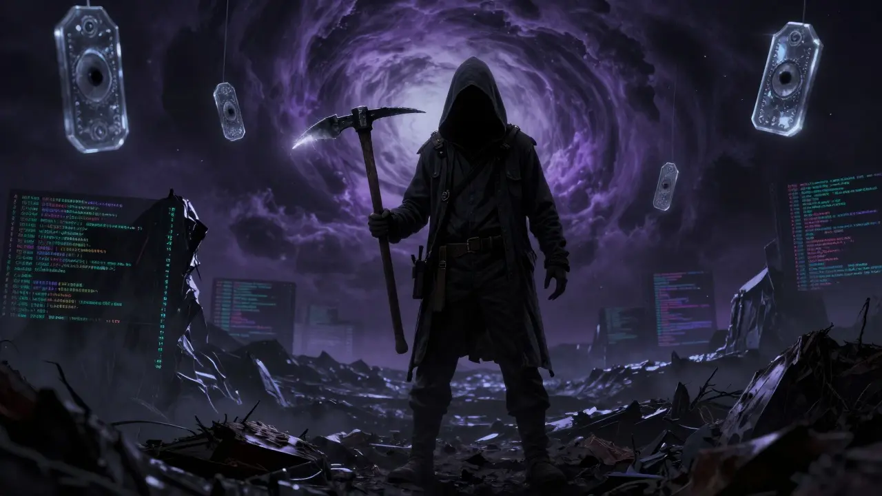 Un mineur en capuche dans un paysage virtuel sinistre tenant une pioche spectrale.