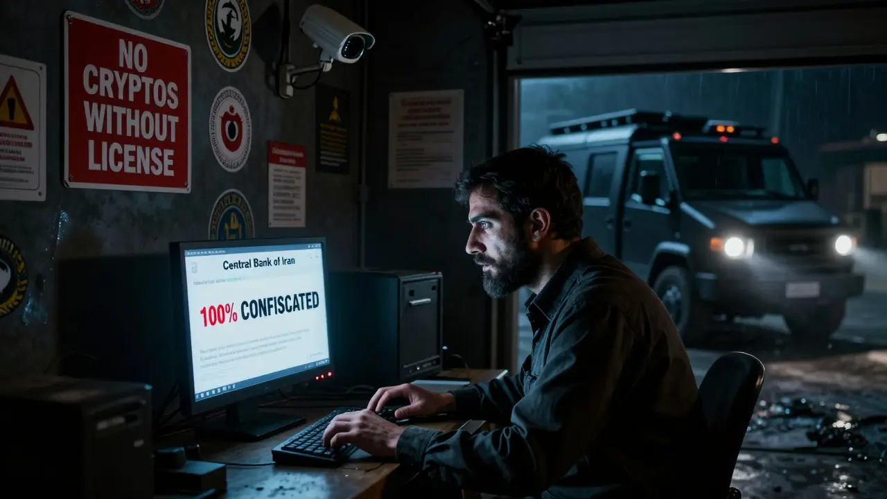 Un mineur iranien dans un garage sombre, regardant un écran qui affiche la confiscation forcée de ses cryptomonnaies par l'État.