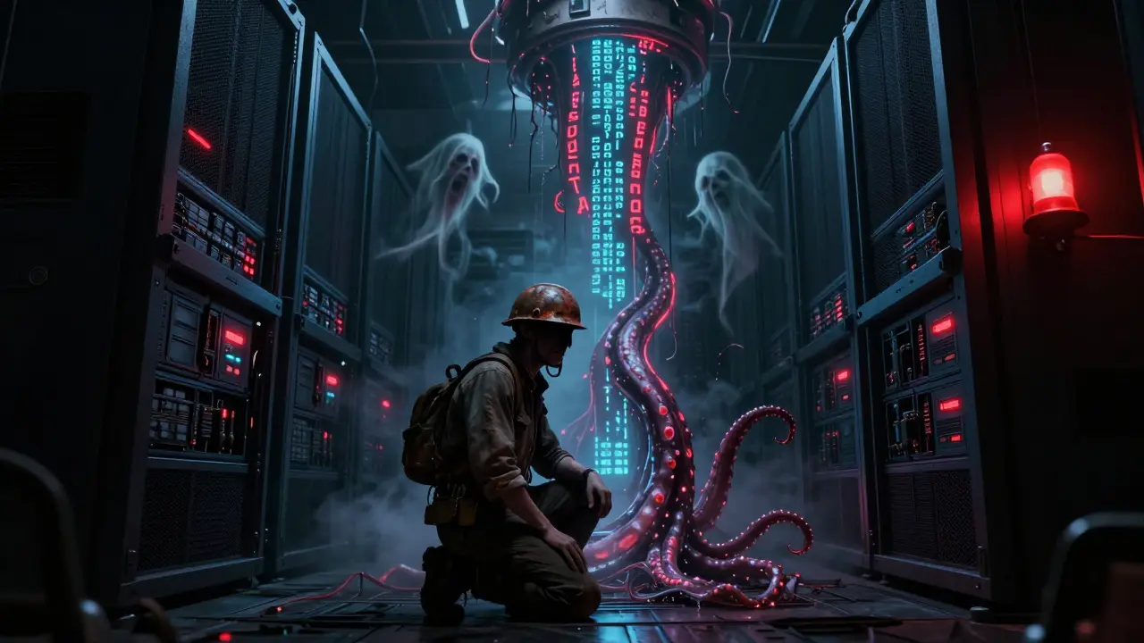 Un mineur isolé face à une ferme de serveurs vivante dont un tentacule de données réécrit l'histoire, entouré de transactions fantômes.