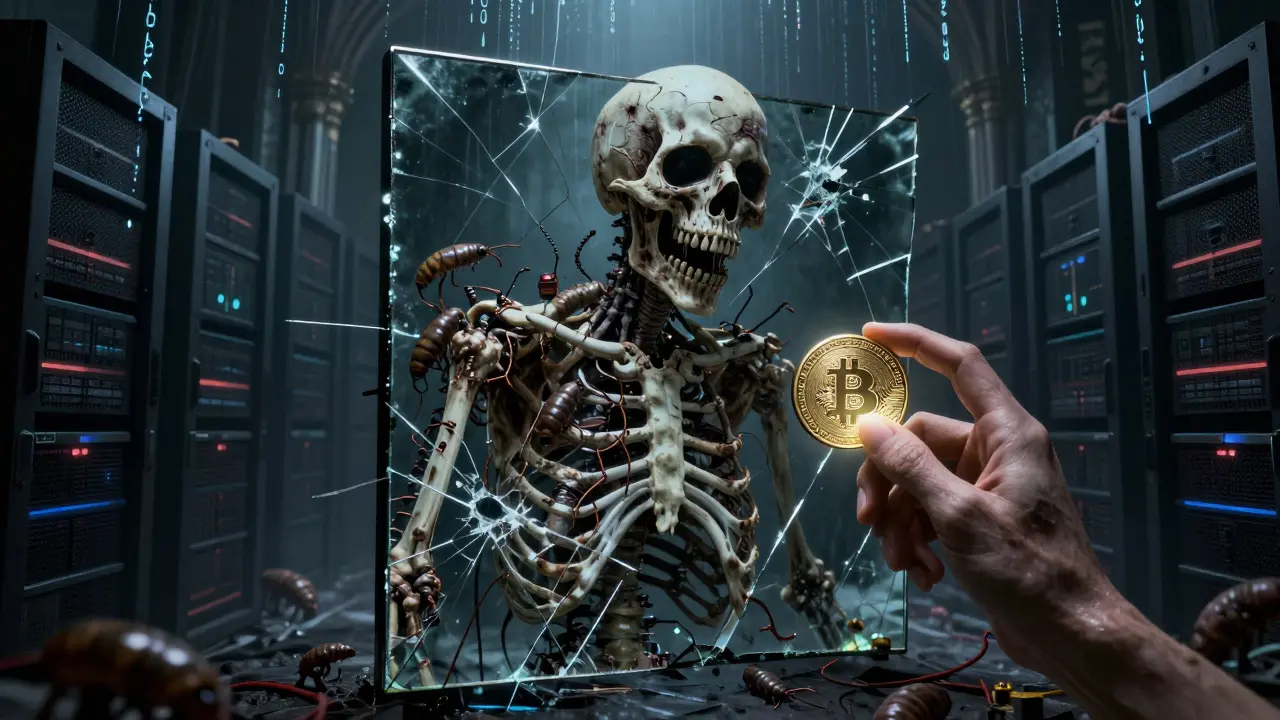Un miroir fissuré reflète une blockchain morte, recouverte de vers mécaniques, tandis qu'une main tend une pièce volée dans l'ombre.