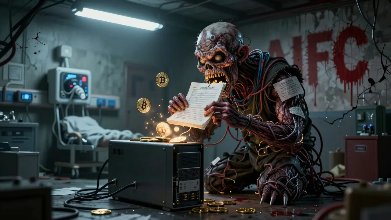 Un monstre bureaucratique dévore des Bitcoins tandis qu'un hôpital s'éteint dans l'ombre, sous un éclairage froid.