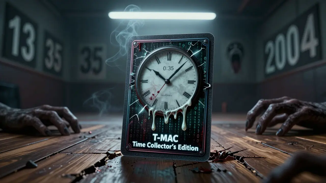 Un NFT gémissant repose sur un sol brisé, avec un horloge fondante et des mains fantomatiques qui tentent de le saisir.