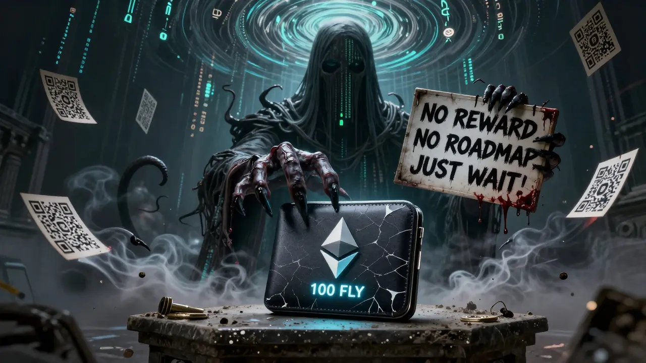 Un portefeuille Ethereum sur un autel, avec une entité sombre formée de données blockchain qui tend la main vers les jetons FLY.