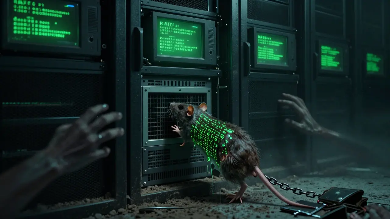 Un serveur abandonné clignote avec l'adresse RATO, un rat fusionné avec du code court dans l'obscurité d'un data center.