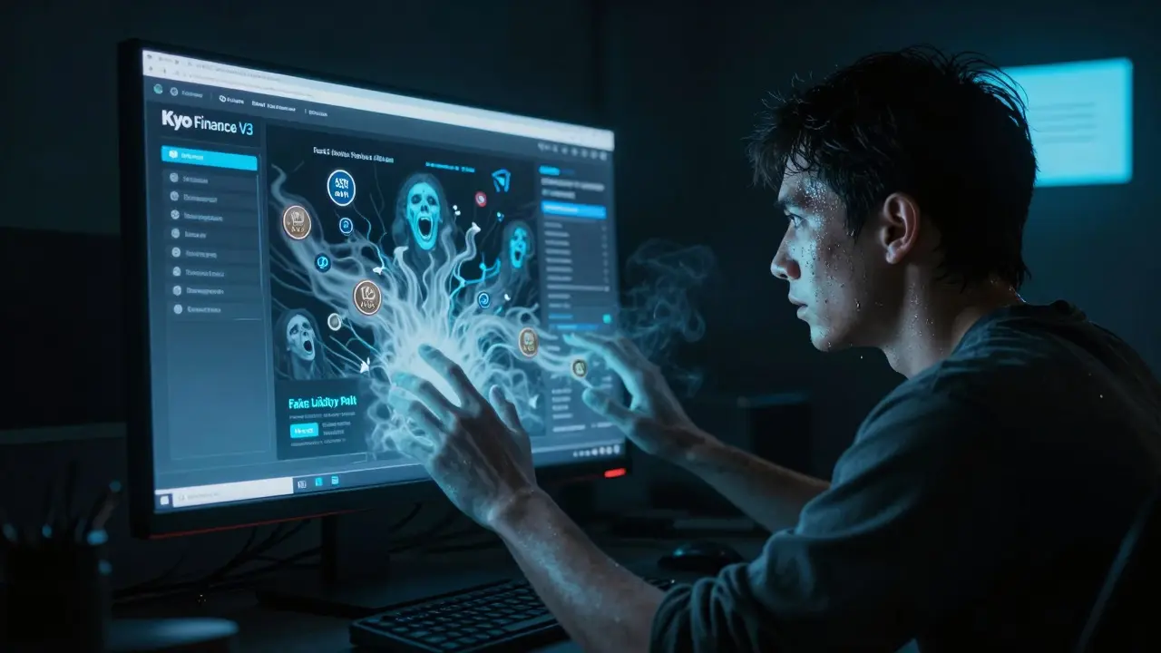 Un trader face à un écran qui le hante, des mains fantomatiques manipulant des liquidités artificielles.