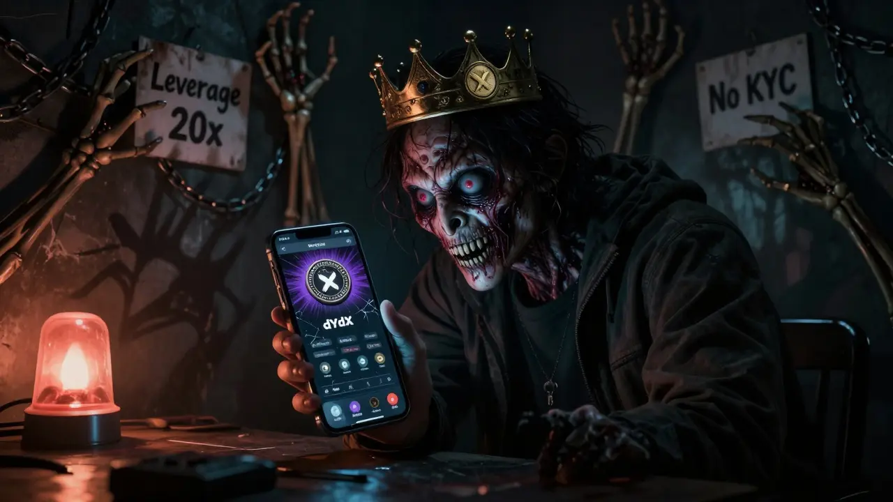 Un trader regarde son téléphone, mais son reflet montre une créature monstrueuse couronnée du token DYDX, des mains squelettiques l'atteignent depuis les murs.