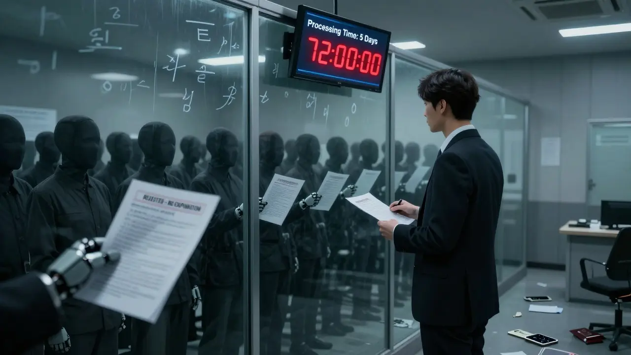 Un utilisateur international face à un miroir montrant une file infinie de demandes rejetées.