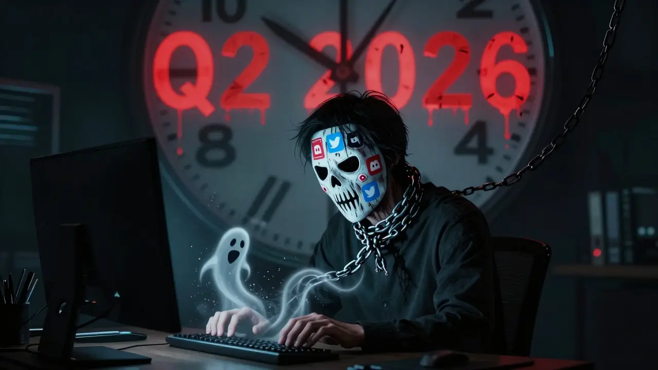 Un utilisateur piégé par des chaînes de points Sake, son visage masqué par des icônes de réseaux sociaux.