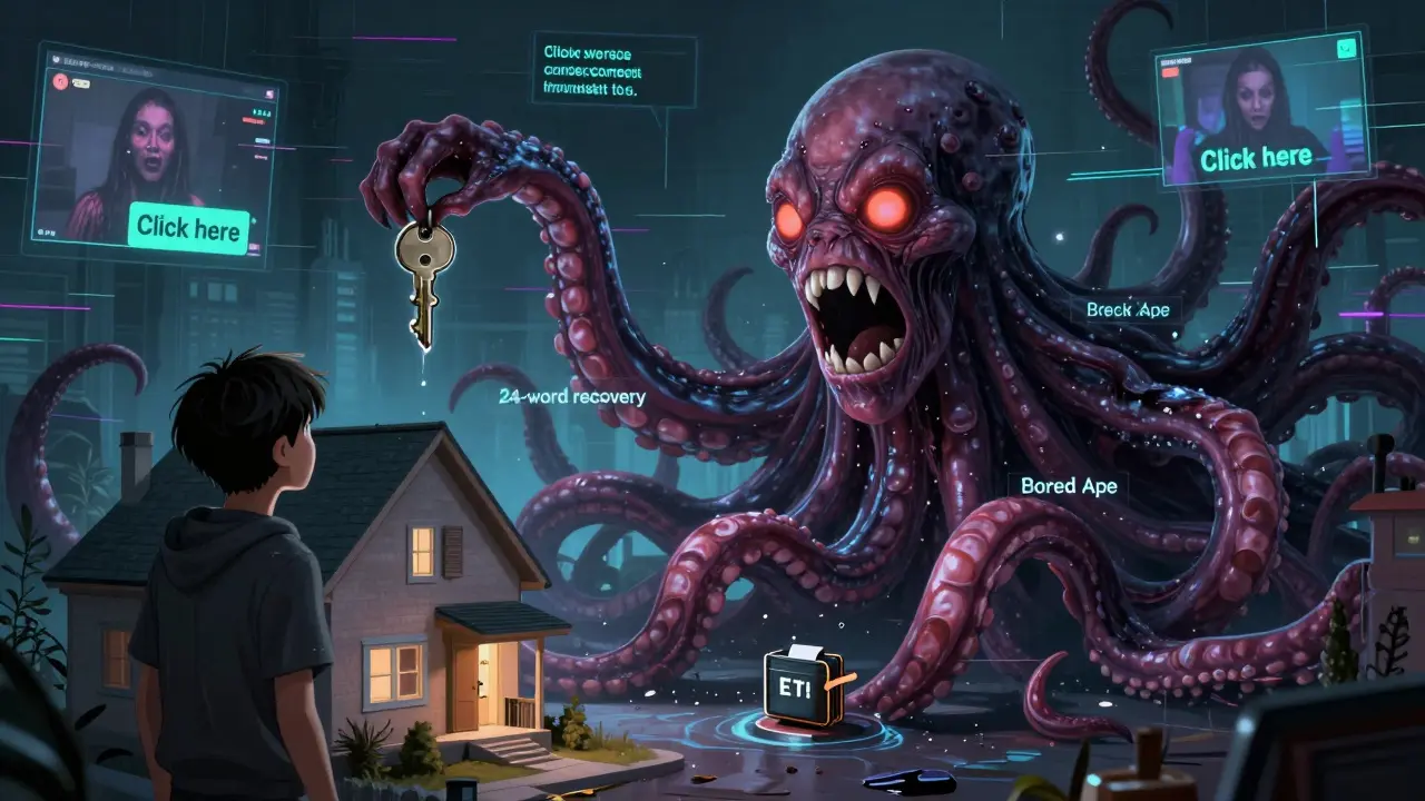 Un utilisateur terrifié face à un monstre de chaîne de blocs aux tentacules remplis de fraudes, sous des écrans de messages trompeurs.