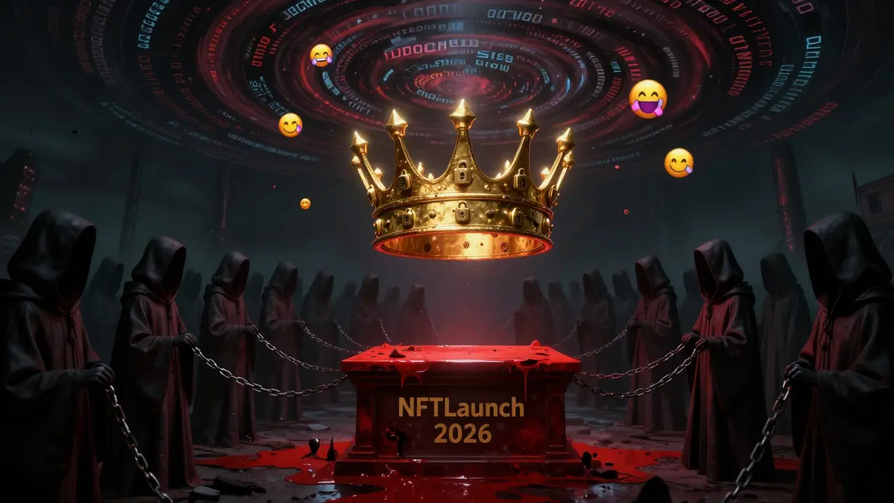 Une couronne dorée et pourrie flotte au-dessus d'un autel rouge, entourée de 1247 silhouettes silencieuses.