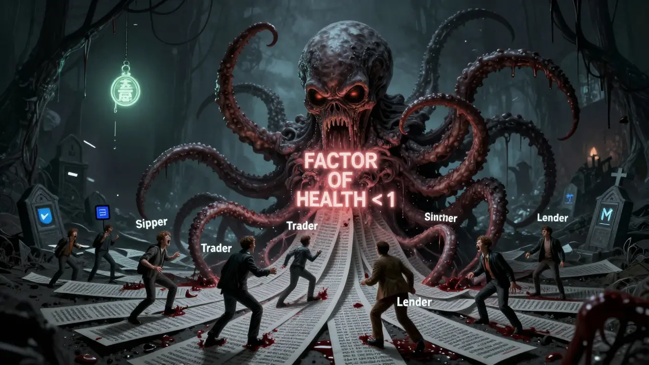 Une créature monstrueuse dévorant des utilisateurs tandis qu'un jeton SAKE flotte comme une relique maudite.