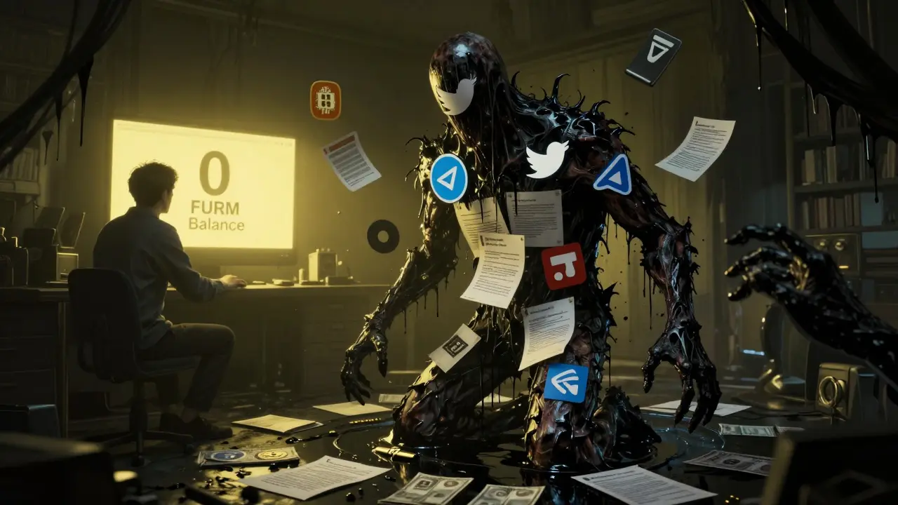 Une entité monstrueuse faite de logos sociaux, suintant des clés privées volées, devant un investisseur horrifié.