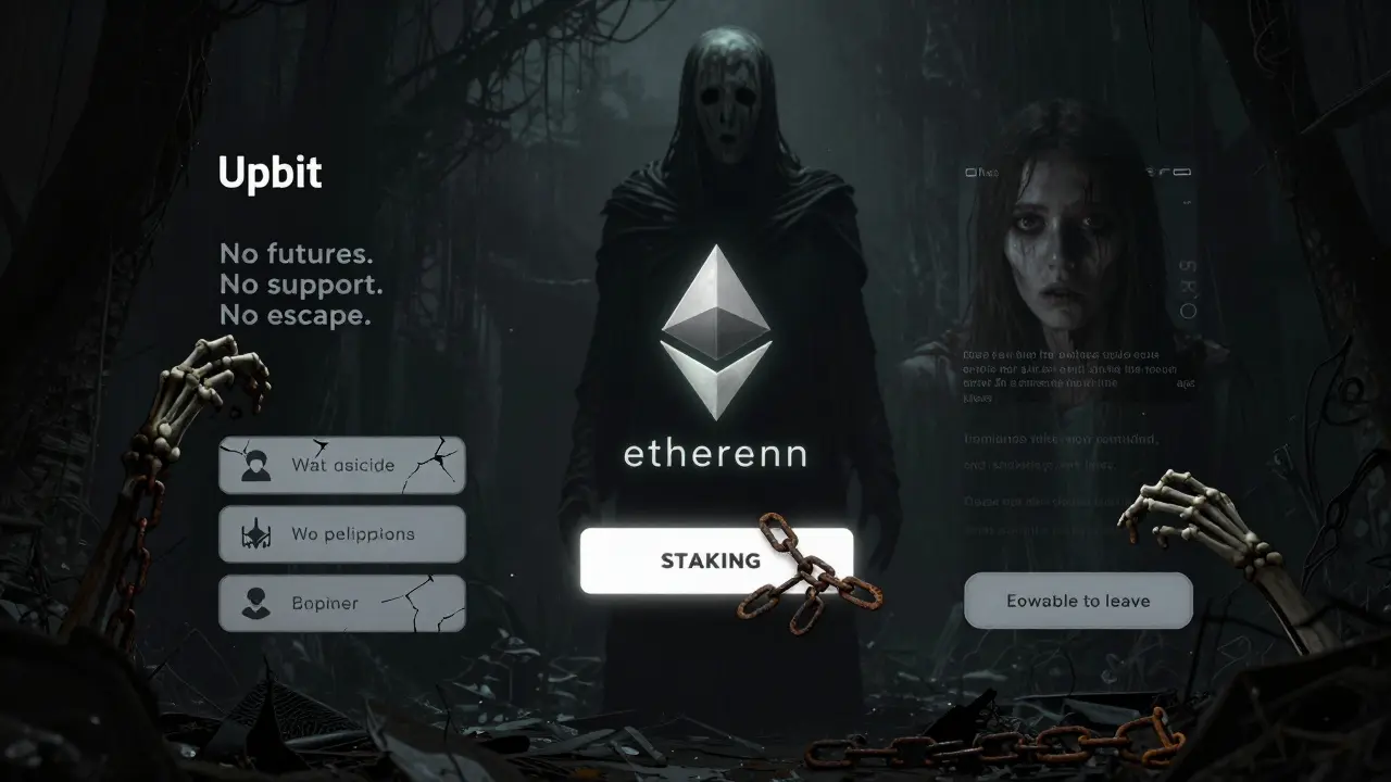 Une interface d'application Upbit pourrie flottant dans le vide, avec une entité monstrueuse.