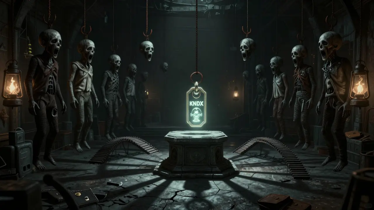 Une marketplace virtuelle sombre où des modèles 3D pendent comme des cadavres, un jeton KNDX flottant au-dessus d'un autel brisé.