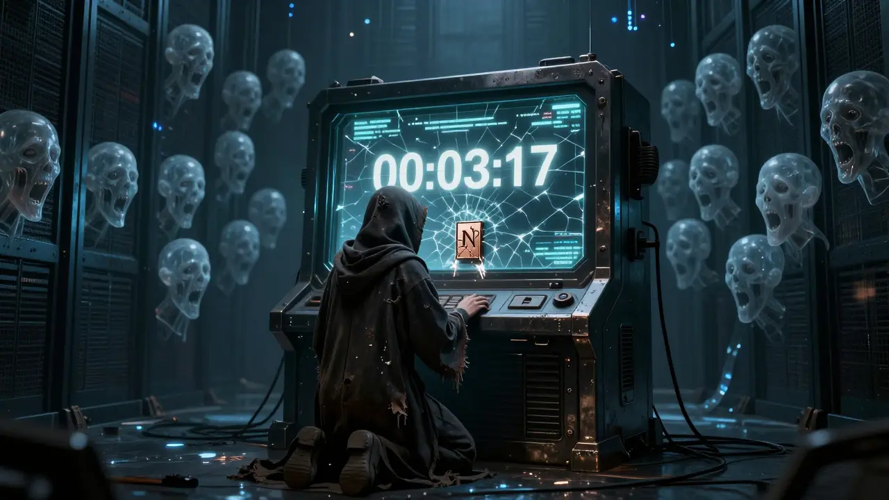 Une personne seule devant un terminal ancien, entourée de visages hurlants issus des murs.