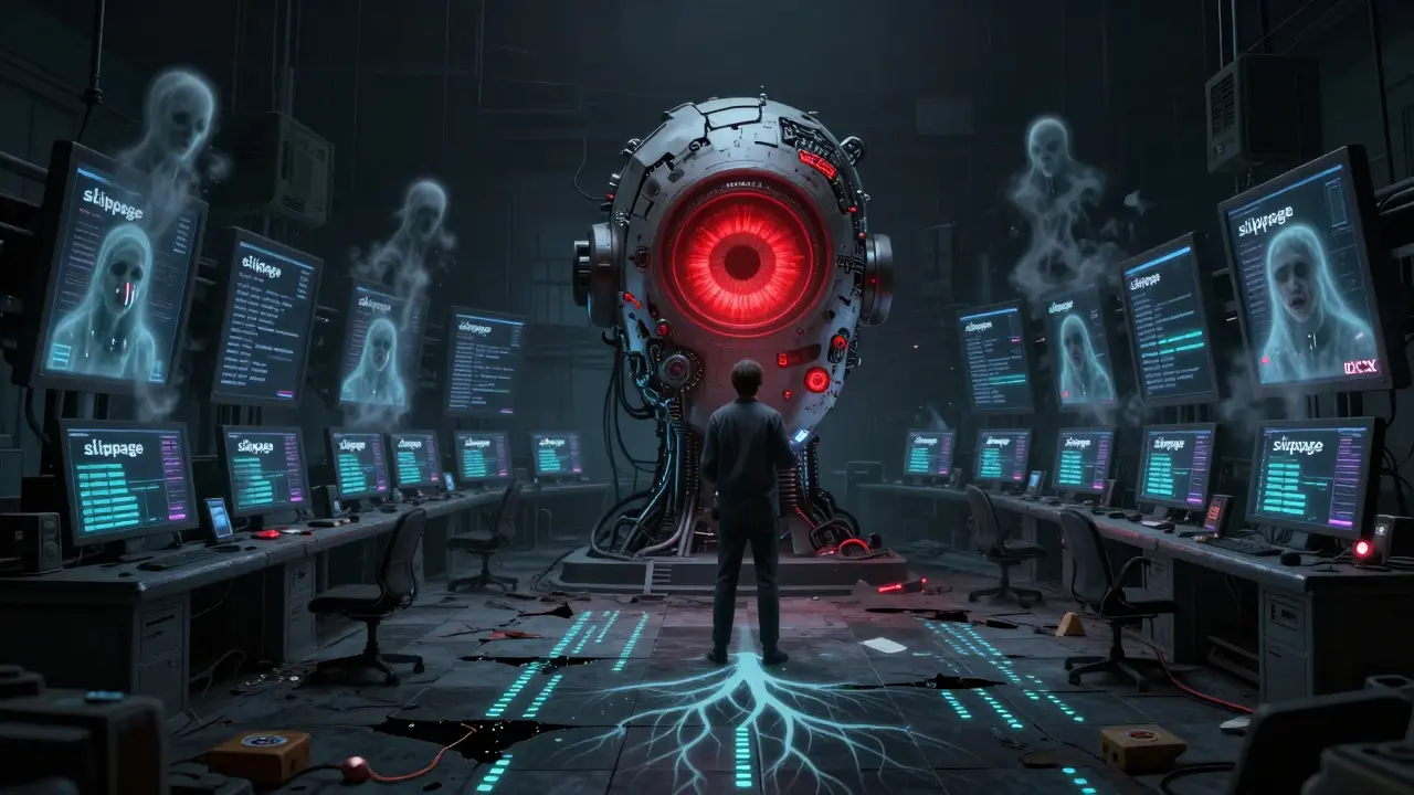 Une salle de trading abandonnée où des avatars fantomatiques fondent en cendres, sous un scanner biométrique mourant qui reflète une figure terrifiée.