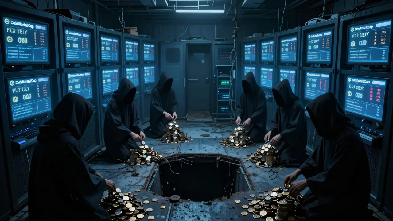 Une salle serveur abandonnée avec des écrans affichant des prix FLY à zéro, des silhouettes déposant des jetons dans un trou noir.