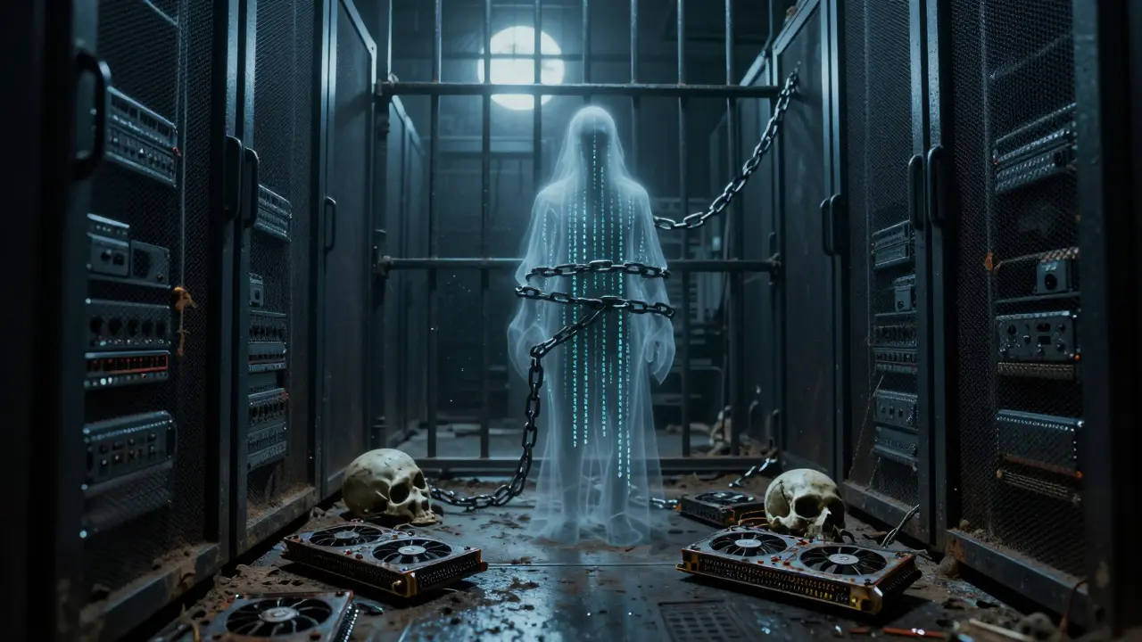 Une salle serveur pourrie ressemble a une cellule de prison avec des elements technologiques rouilles.