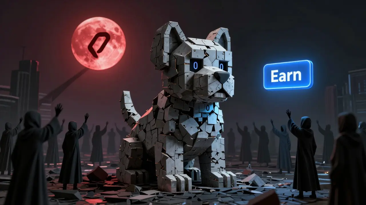 Une statue de chiot en blocs blockchain s'effondre dans un désert numérique, entourée de figures cherchant un bouton trompeur.