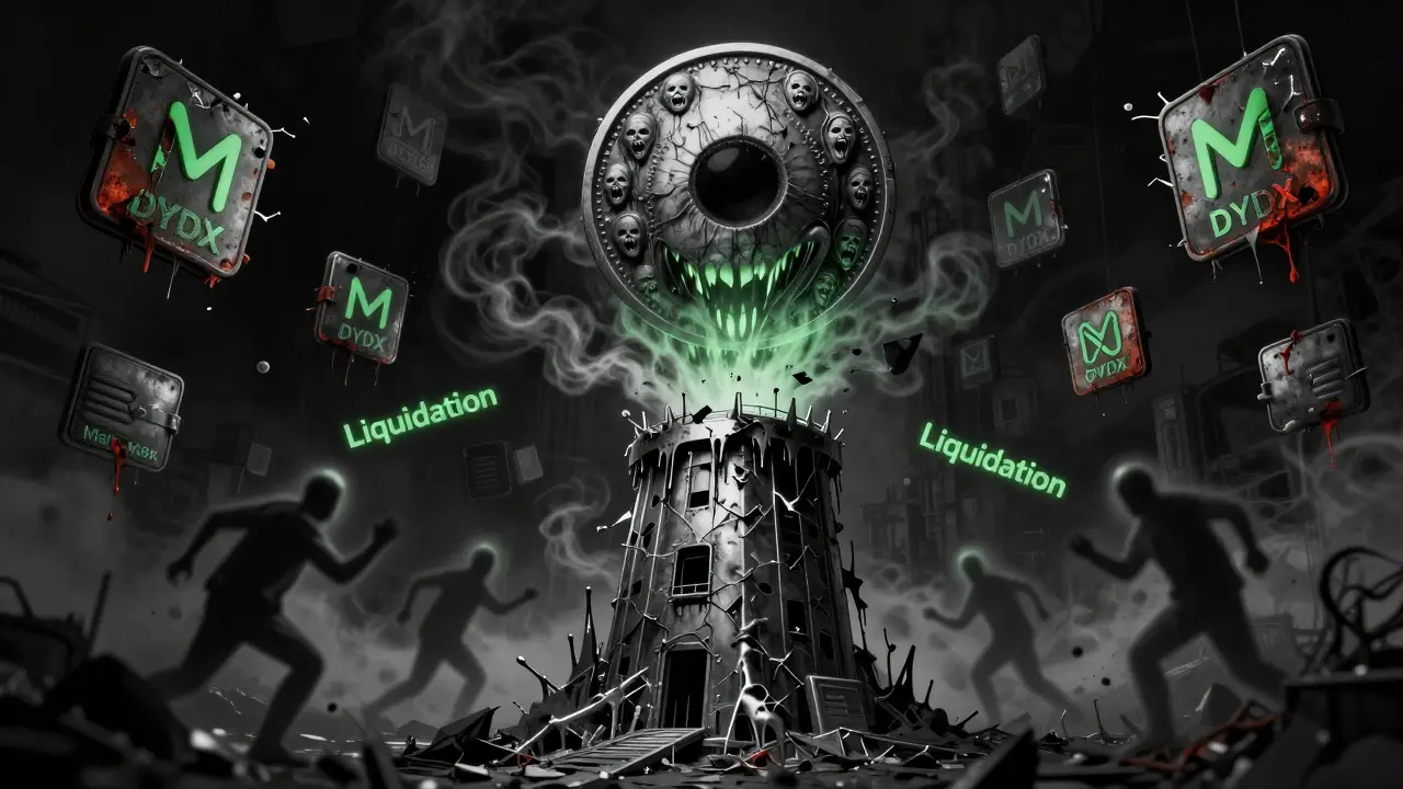 Une tour blockchain abandonnée crache de la fumée noire, des silhouettes de traders sont aspirées dans un vortex de liquidation, un énorme token DYDX flotte au-dessus.