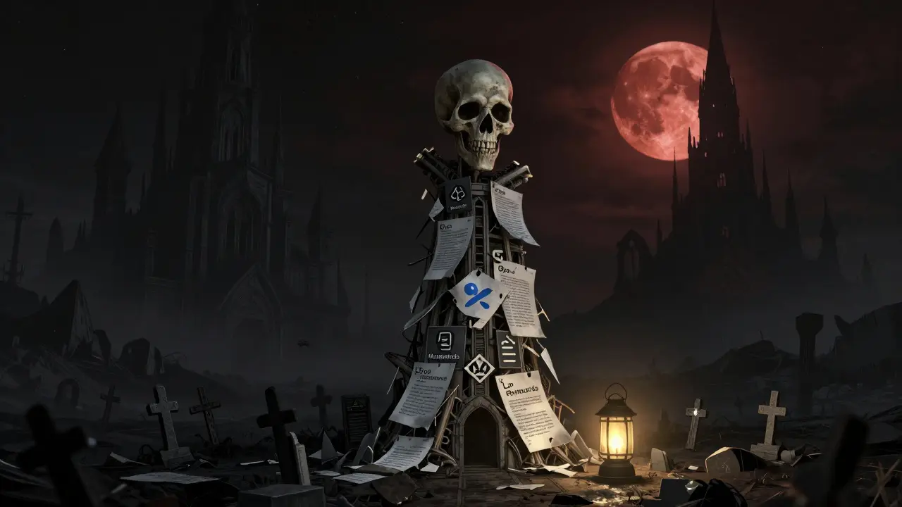 Une tour DEX monstrueuse dans un désert blockchain, entourée de tombes de paires de trading mortes.