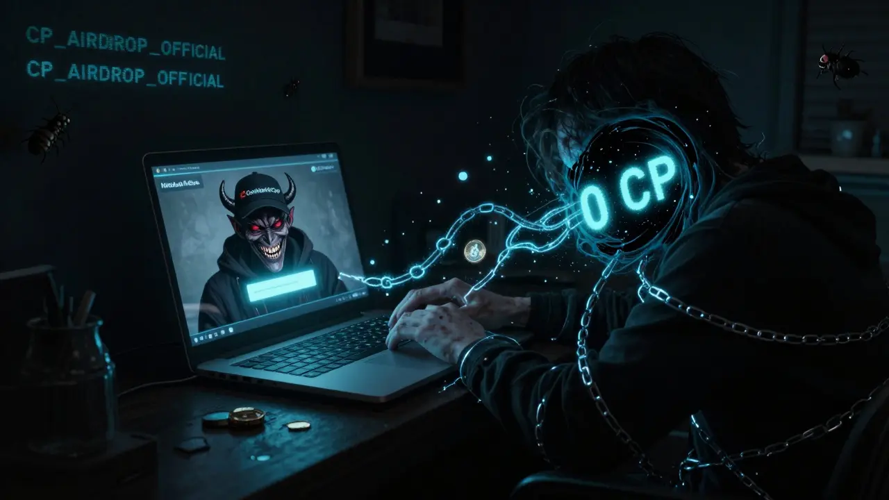 Une victime regarde son écran où un démon signe une transaction, tirant ses actifs vers un trou noir.